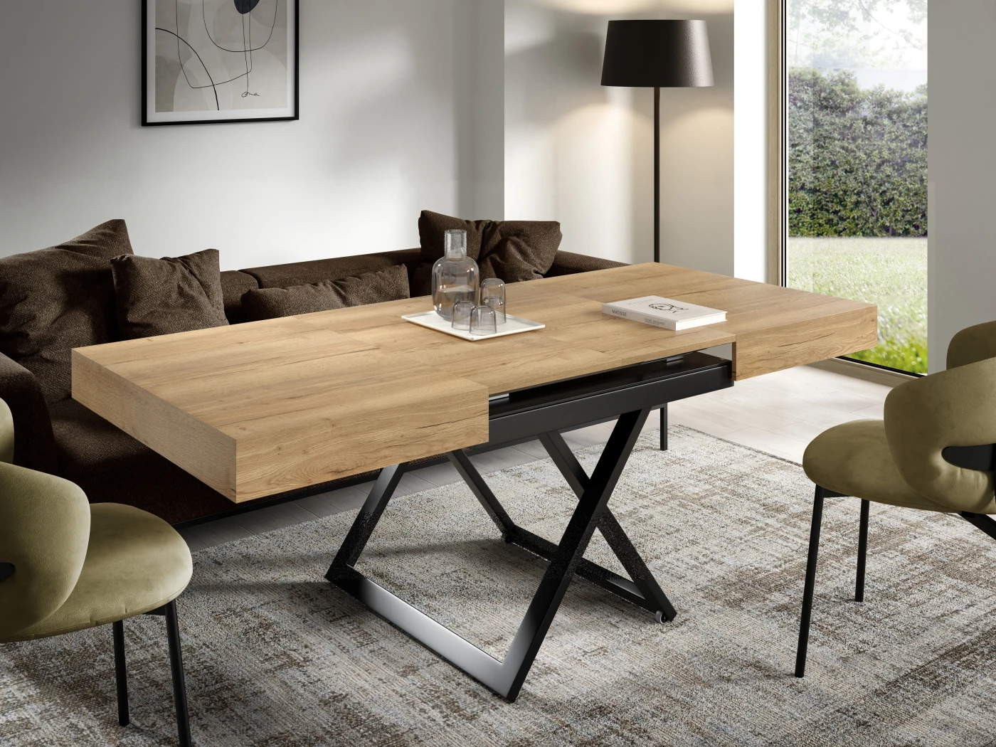 Elano - Luxuriöser und moderner Esstisch und Couchtisch in einem in Halifax Eiche mit schwarzen Metallfüßen und Hochwertige Vera