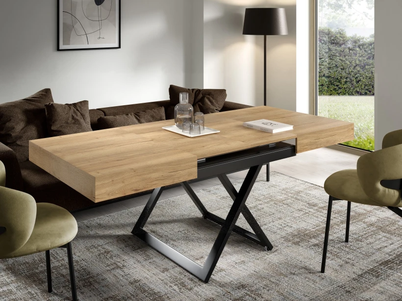 Elano - Luxuriöser und moderner Esstisch und Couchtisch in einem in Halifax Eiche mit schwarzen Metallfüßen und Hochwertige Vera