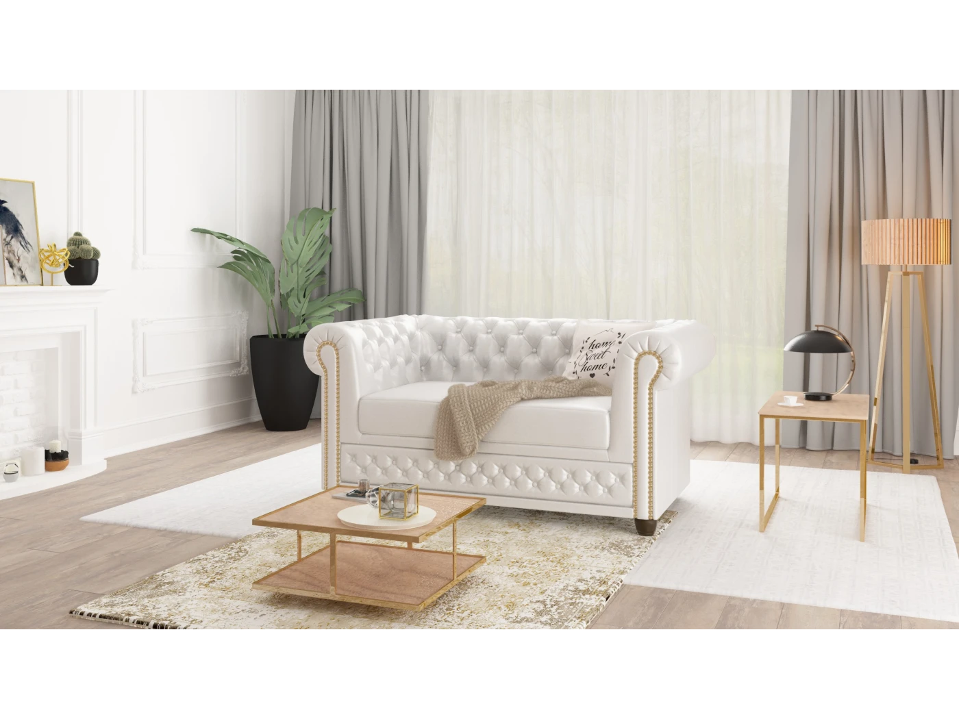 Chloe - Sofa 2 sitzer mit Schlaffunktion Chesterfield aus veganem Leder mit Holzfüßen