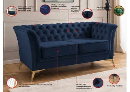 Whitby - Chesterfield Luxus 2-Sitzer Sofa aus Samt mit goldenen, silbernen oder schwarzen Füßen