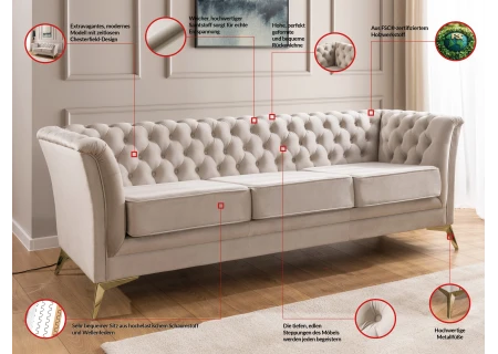 Whitby - Chesterfield Luxus 3-Sitzer Sofa aus Samt mit goldenen, silbernen oder schwarzen Füßen