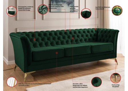 Whitby - Chesterfield Luxus 3-Sitzer Sofa aus Samt mit goldenen, silbernen oder schwarzen Füßen