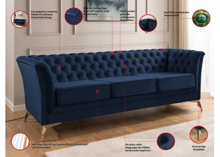 Whitby - Chesterfield Luxus 3-Sitzer Sofa aus Samt mit goldenen, silbernen oder schwarzen Füßen