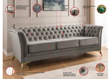 Whitby - Chesterfield Luxus 3-Sitzer Sofa aus Samt mit goldenen, silbernen oder schwarzen Füßen