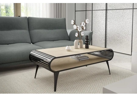 Stilo - Luxuriöser und moderner Couchtisch in Halifax Eiche mit Schwarze Metallfüße und Hochwertige Verarbeitung