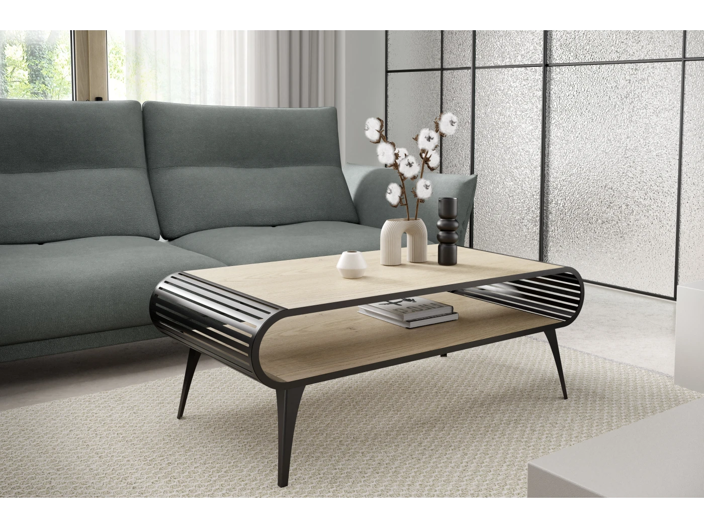 Stilo - Luxuriöser und moderner Couchtisch in Halifax Eiche mit Schwarze Metallfüße und Hochwertige Verarbeitung