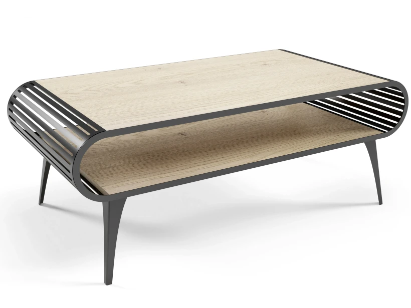 Stilo - Luxuriöser und moderner Couchtisch in Halifax Eiche mit Schwarze Metallfüße und Hochwertige Verarbeitung