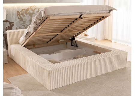 Noord - Modernes Polsterbett aus Plüschcord mit Lattenrost und großem Bettkasten