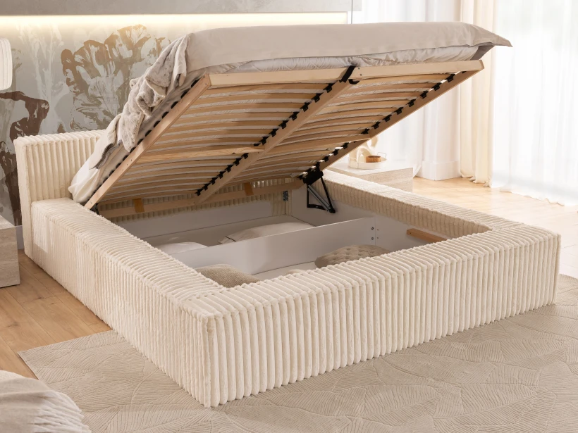 Noord - Modernes Polsterbett aus Plüschcord mit Lattenrost und großem Bettkasten