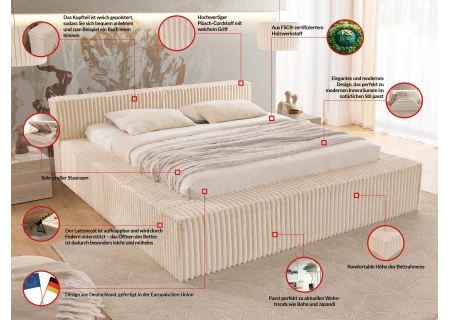 Noord - Modernes Polsterbett aus Plüschcord mit Lattenrost und großem Bettkasten