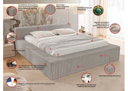 Noord - Modernes Polsterbett aus Plüschcord mit Lattenrost und großem Bettkasten