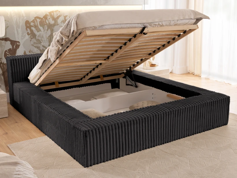 Noord - Modernes Polsterbett aus Plüschcord mit Lattenrost und großem Bettkasten