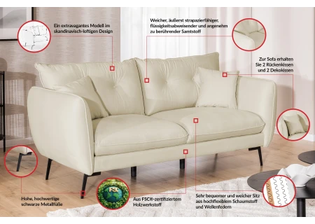 Nordloft - Modernes Sofa 3-Sitzer aus Samt-Stoff mit Hohen Schwarzen Metallfüßen und schöner Sitzkomfort