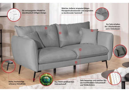 Nordloft - Modernes Sofa 3-Sitzer aus Samt-Stoff mit Hohen Schwarzen Metallfüßen und schöner Sitzkomfort