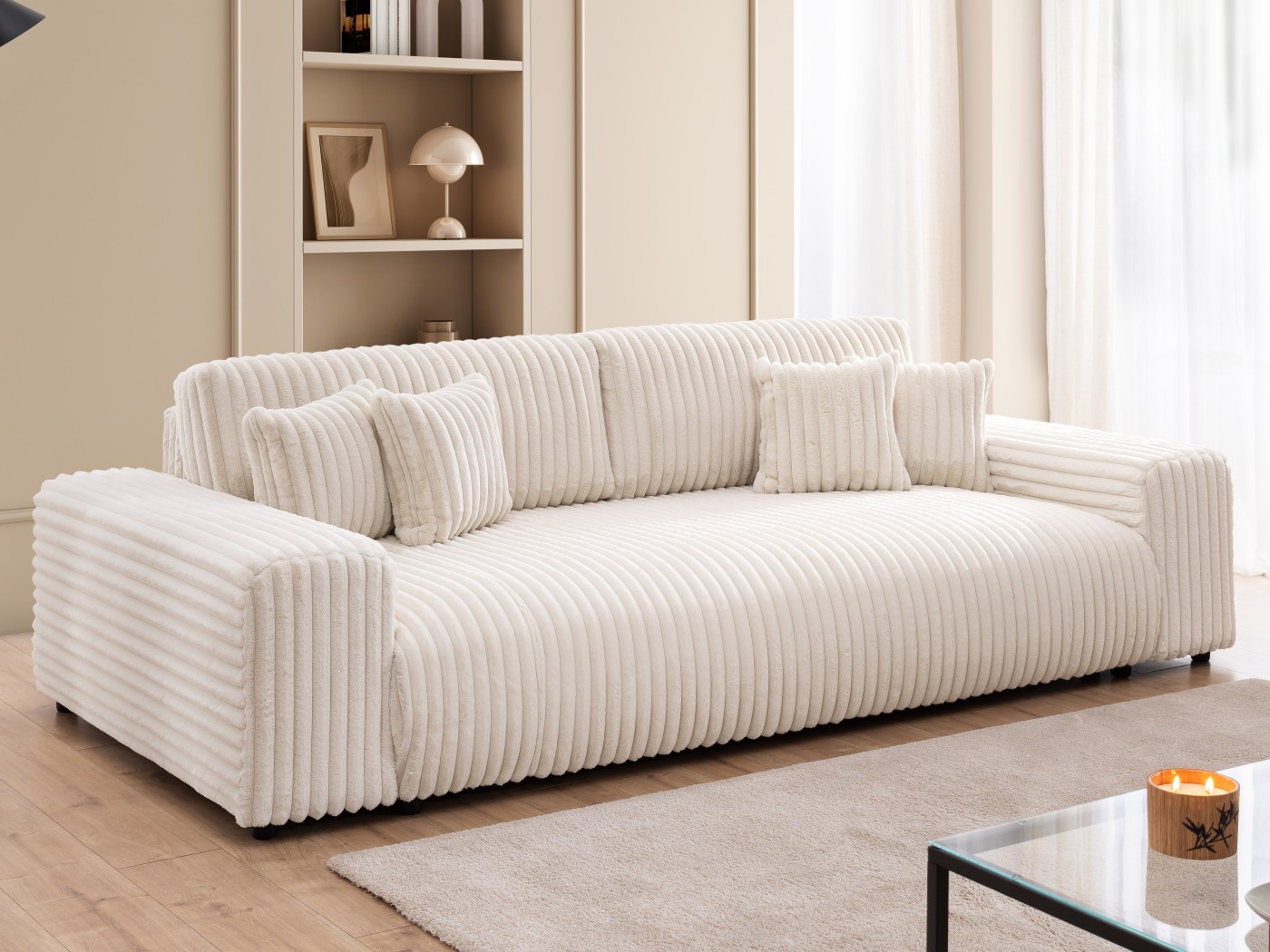 Mollis - Sofa mit Schlaffunktion und Bettkasten aus Plüschcord mit schöner Sitzkomfort