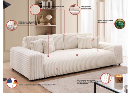 Mollis - Sofa mit Schlaffunktion und Bettkasten aus Plüschcord mit schöner Sitzkomfort