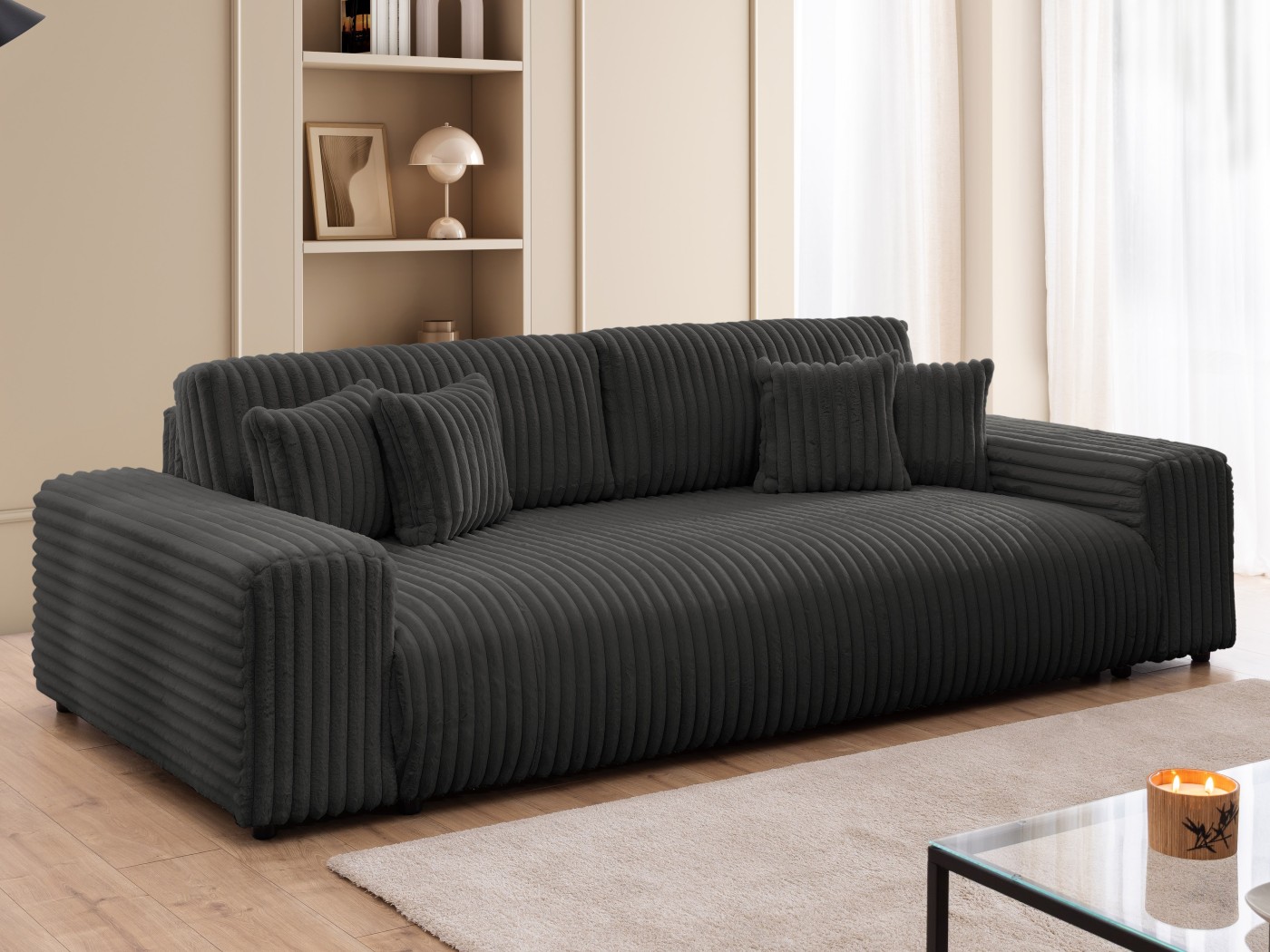 Mollis - Sofa mit Schlaffunktion und Bettkasten aus Plüschcord mit schöner Sitzkomfort