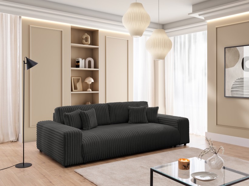 Mollis - Sofa mit Schlaffunktion und Bettkasten aus Plüschcord mit schöner Sitzkomfort