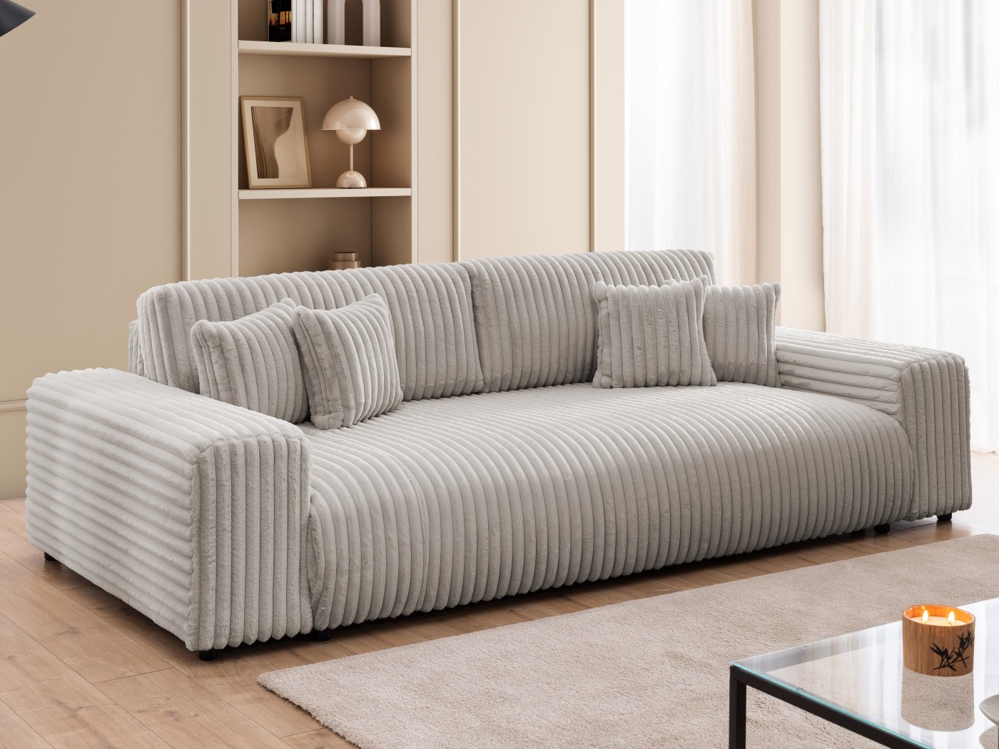 Mollis - Sofa mit Schlaffunktion und Bettkasten aus Plüschcord mit schöner Sitzkomfort