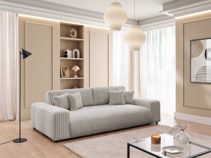 Mollis - Sofa mit Schlaffunktion und Bettkasten aus Plüschcord mit schöner Sitzkomfort