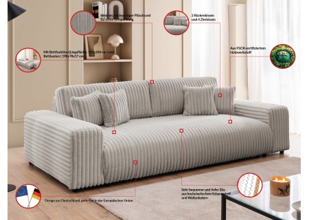 Mollis - Sofa mit Schlaffunktion und Bettkasten aus Plüschcord mit schöner Sitzkomfort