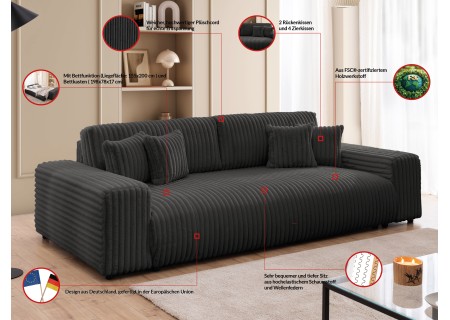 Mollis - Sofa mit Schlaffunktion und Bettkasten aus Plüschcord mit schöner Sitzkomfort