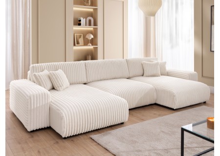 Mollis - Wohnlandschaft mit Schlaffunktion und Bettkasten aus Plüschcord mit schöner Sitzkomfort