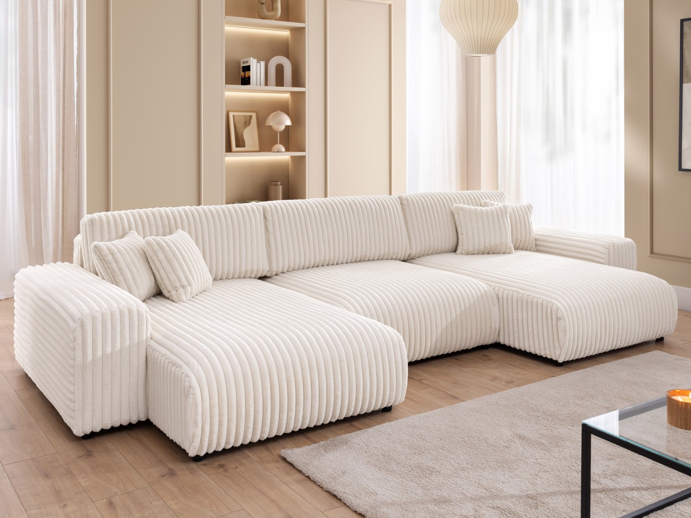 Mollis - Wohnlandschaft mit Schlaffunktion und Bettkasten aus Plüschcord mit schöner Sitzkomfort