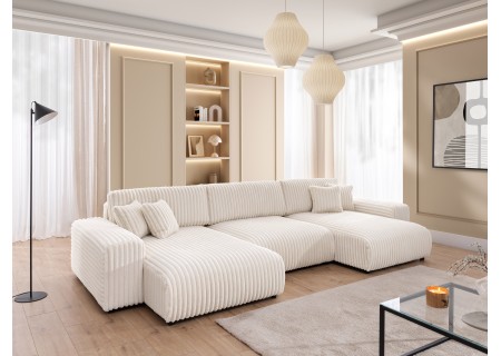 Mollis - Wohnlandschaft mit Schlaffunktion und Bettkasten aus Plüschcord mit schöner Sitzkomfort