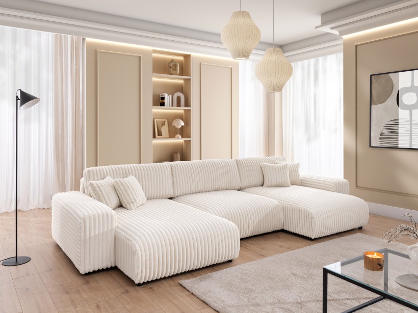 Mollis - Wohnlandschaft mit Schlaffunktion und Bettkasten aus Plüschcord mit schöner Sitzkomfort