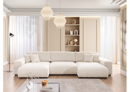 Mollis - Wohnlandschaft mit Schlaffunktion und Bettkasten aus Plüschcord mit schöner Sitzkomfort