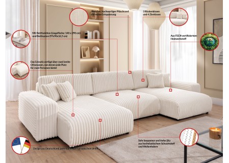 Mollis - Wohnlandschaft mit Schlaffunktion und Bettkasten aus Plüschcord mit schöner Sitzkomfort