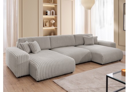 Mollis - Wohnlandschaft mit Schlaffunktion und Bettkasten aus Plüschcord mit schöner Sitzkomfort