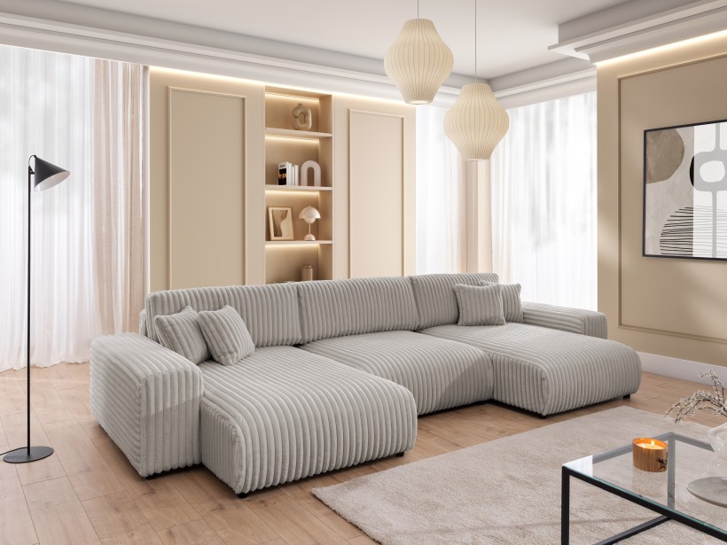 Mollis - Wohnlandschaft mit Schlaffunktion und Bettkasten aus Plüschcord mit schöner Sitzkomfort