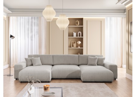 Mollis - Wohnlandschaft mit Schlaffunktion und Bettkasten aus Plüschcord mit schöner Sitzkomfort