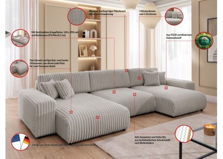 Mollis - Wohnlandschaft mit Schlaffunktion und Bettkasten aus Plüschcord mit schöner Sitzkomfort