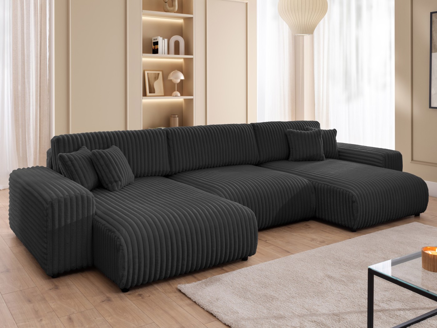 Mollis - Wohnlandschaft mit Schlaffunktion und Bettkasten aus Plüschcord mit schöner Sitzkomfort