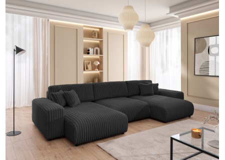 Mollis - Wohnlandschaft mit Schlaffunktion und Bettkasten aus Plüschcord mit schöner Sitzkomfort