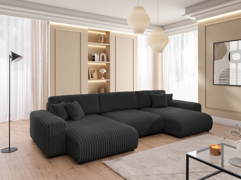 Mollis - Wohnlandschaft mit Schlaffunktion und Bettkasten aus Plüschcord mit schöner Sitzkomfort