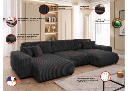 Mollis - Wohnlandschaft mit Schlaffunktion und Bettkasten aus Plüschcord mit schöner Sitzkomfort