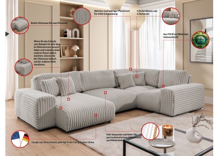 Mollis - Wohnlandschaft im XXL-Format aus Plüschcord mit schöner Sitzkomfort