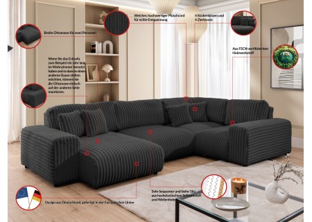 Mollis - Wohnlandschaft im XXL-Format aus Plüschcord mit schöner Sitzkomfort