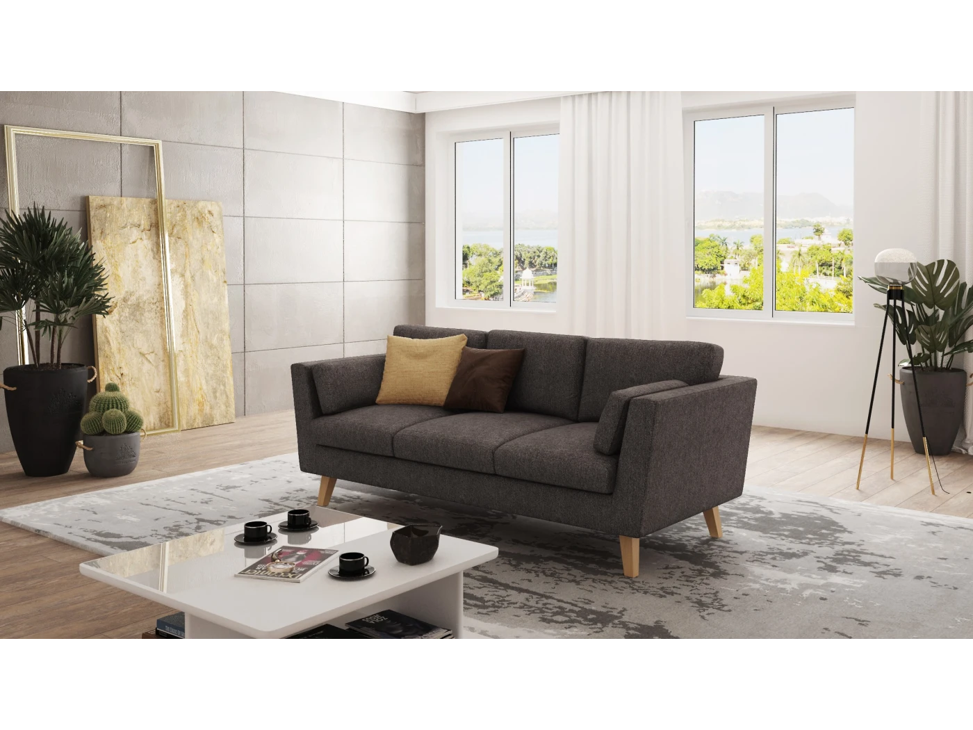 Violet - Sofa 3-Sitzer mit Holzfüßen im skandinavischen Stil