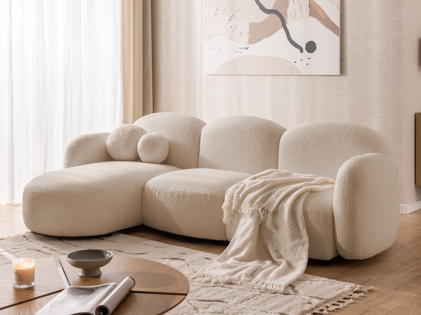 Nuvola - Modernes Ecksofa L-Form aus Bouclé-Stoff mit abgerundetem Design und hohem Sitzkomfort