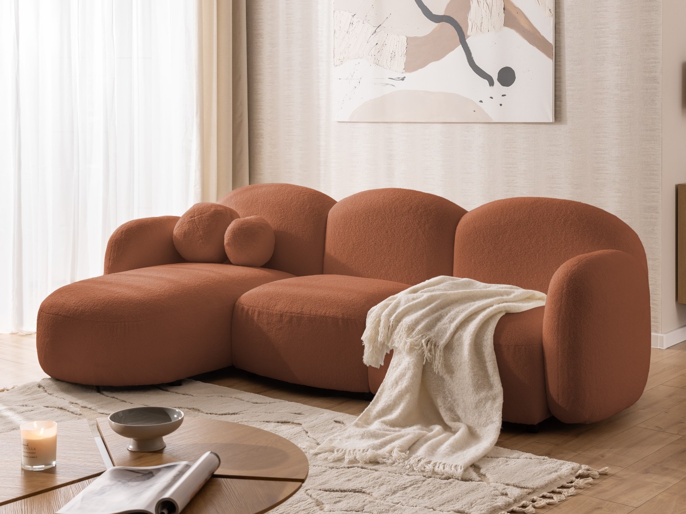 Nuvola - Modernes Ecksofa L-Form aus Bouclé-Stoff mit abgerundetem Design und hohem Sitzkomfort