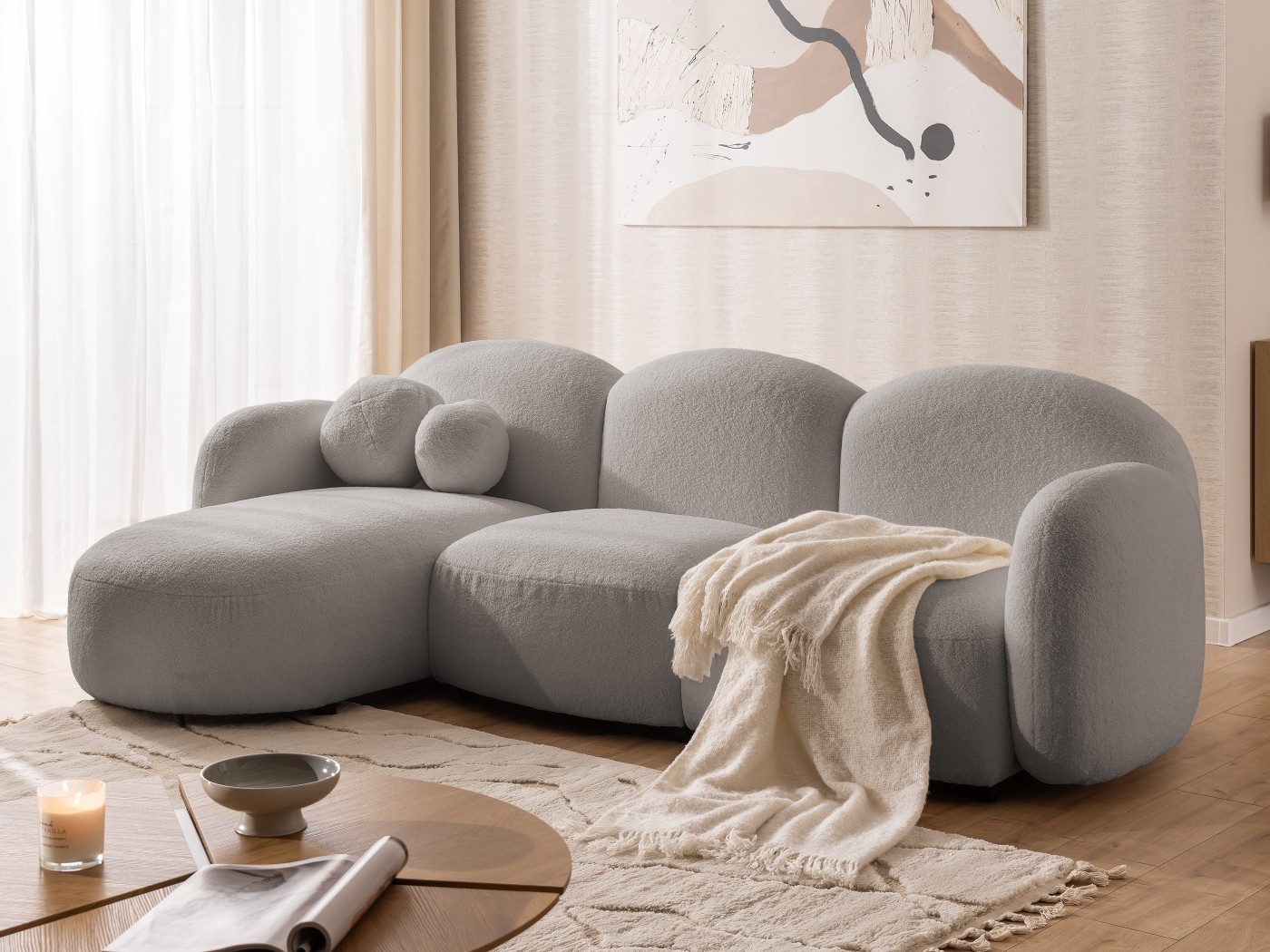 Nuvola - Modernes Ecksofa L-Form aus Bouclé-Stoff mit abgerundetem Design und hohem Sitzkomfort