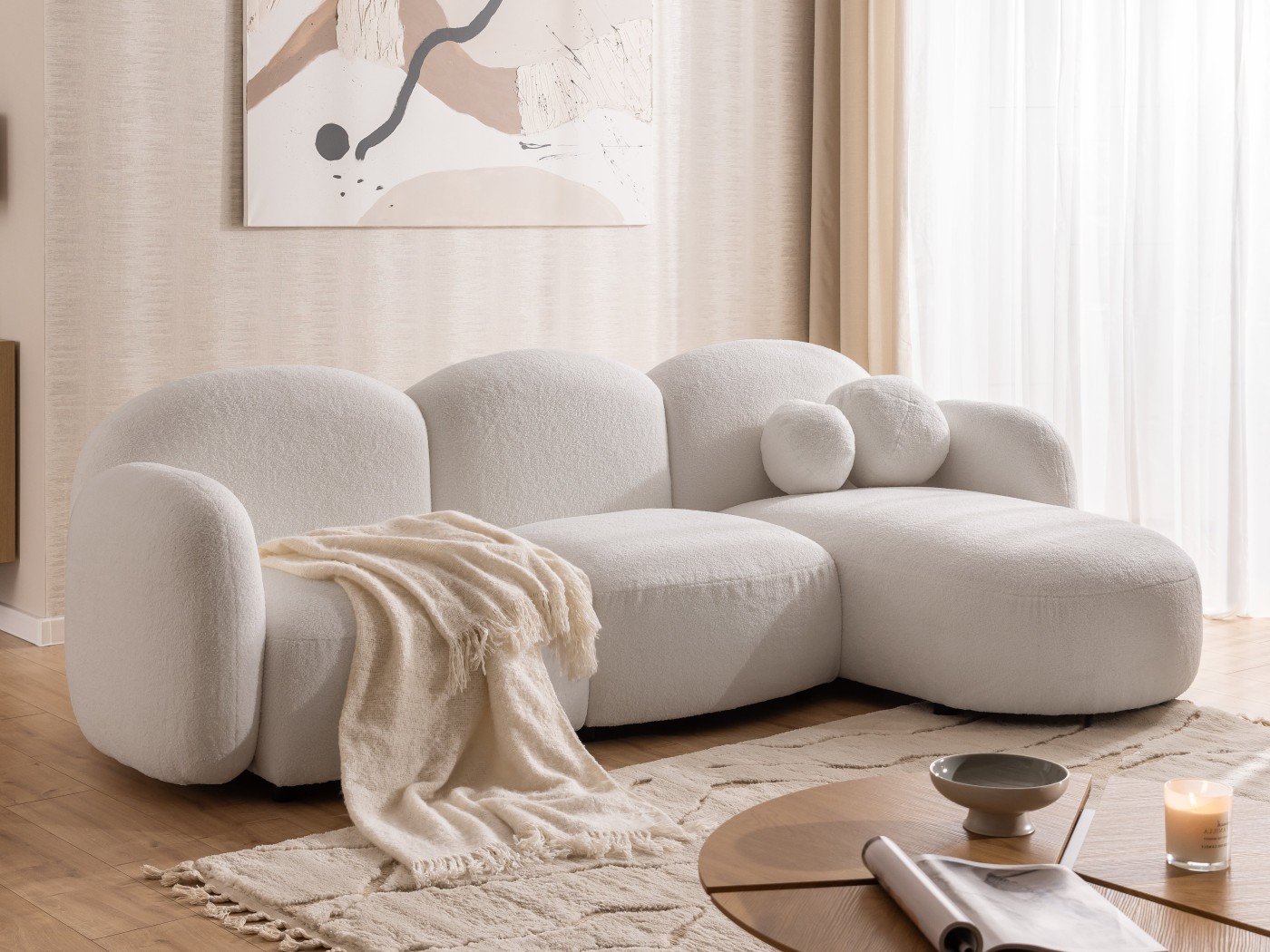Nuvola - Modernes Ecksofa L-Form aus Bouclé-Stoff mit abgerundetem Design und hohem Sitzkomfort