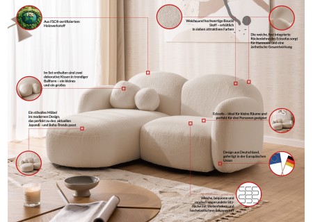 Nuvola - Modernes Ecksofa L-Form aus Bouclé-Stoff mit abgerundetem Design und hohem Sitzkomfort