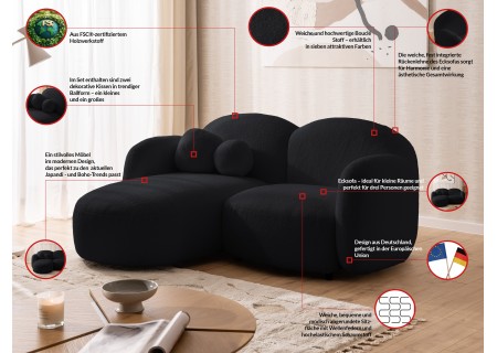 Nuvola - Modernes Ecksofa L-Form aus Bouclé-Stoff mit abgerundetem Design und hohem Sitzkomfort