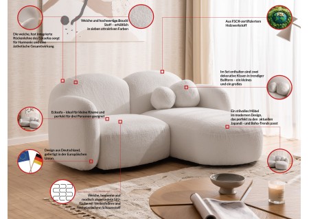 Nuvola - Modernes Ecksofa L-Form aus Bouclé-Stoff mit abgerundetem Design und hohem Sitzkomfort